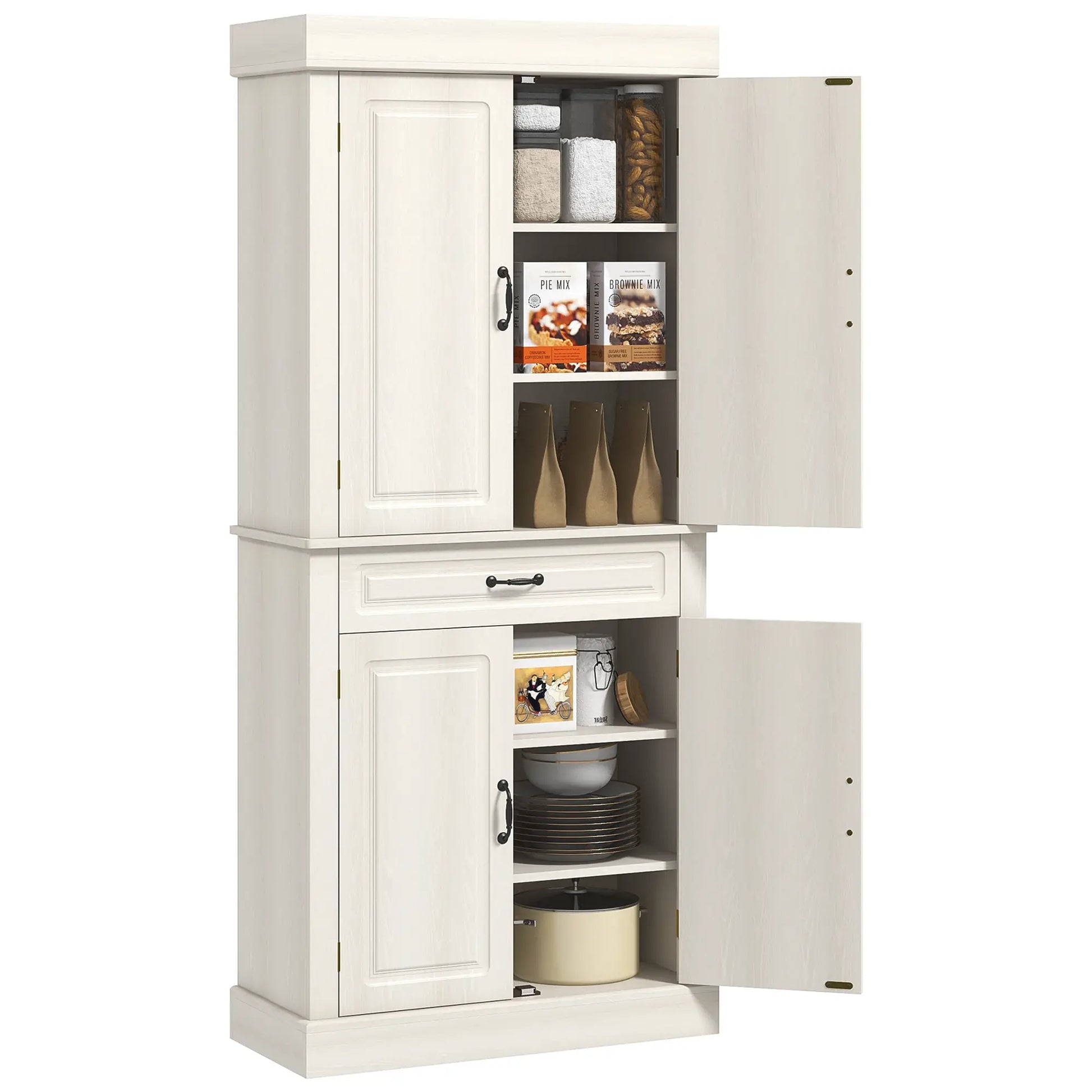 71" Freestanding Kitchen Pantry, 4 Doors 2 Cabinets, Distressed White, White Kitchen Pantry Cabinets Distressed White at Gallery Canada