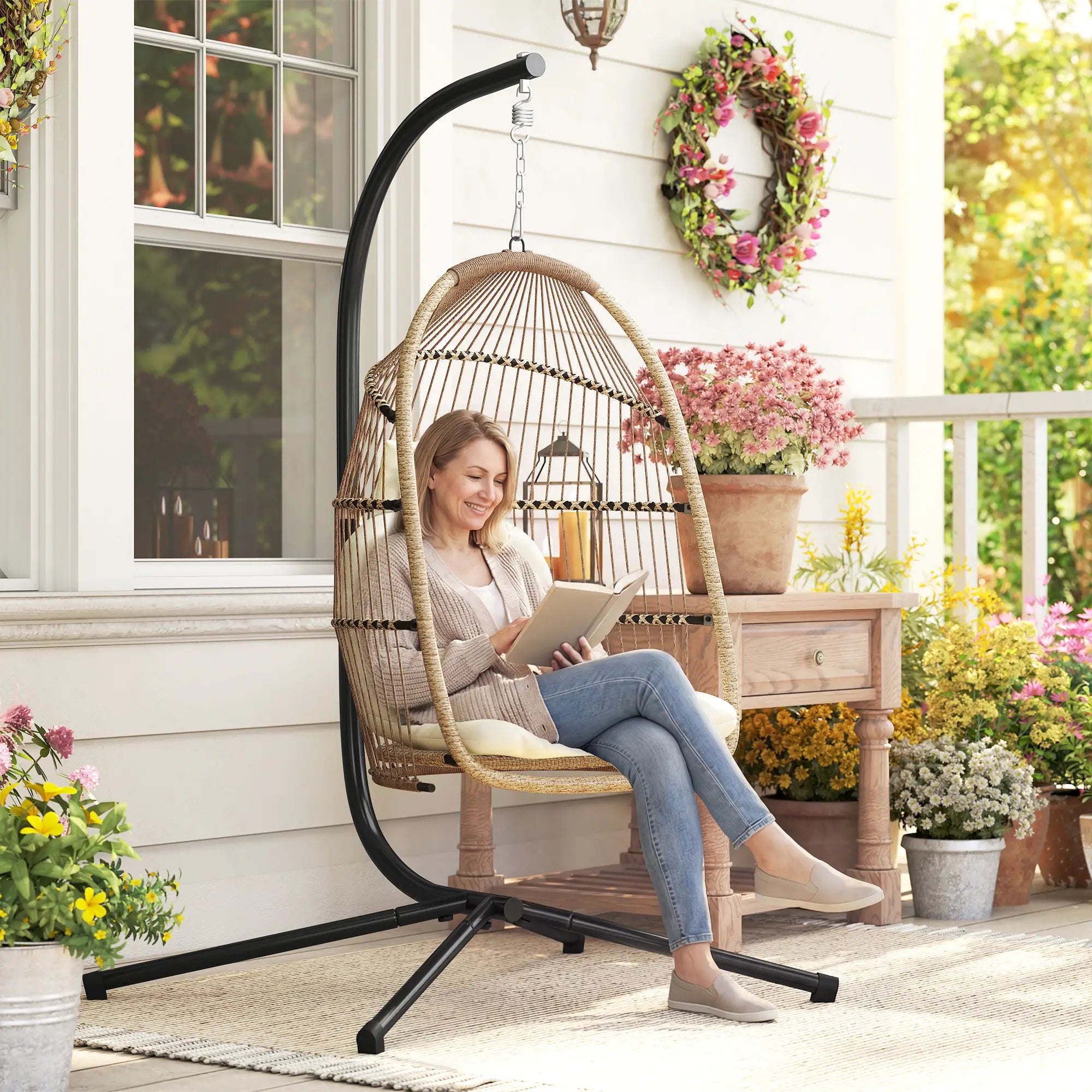 Foldable Wicker Egg Swing Chair, With Stand And UV Cushion, Beige Patio Chairs at Gallery Canada