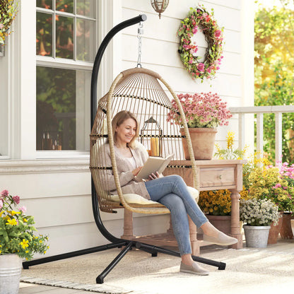 Foldable Wicker Egg Swing Chair, With Stand And UV Cushion, Beige Patio Chairs at Gallery Canada