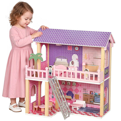 Qaba Wooden Doll House for Girls with 5 Rooms, Dolls, Furniture, DIY Pretend Dollhouse Playset, Gift for Kids Ages 3-6, Pink Play Houses at Gallery Canada