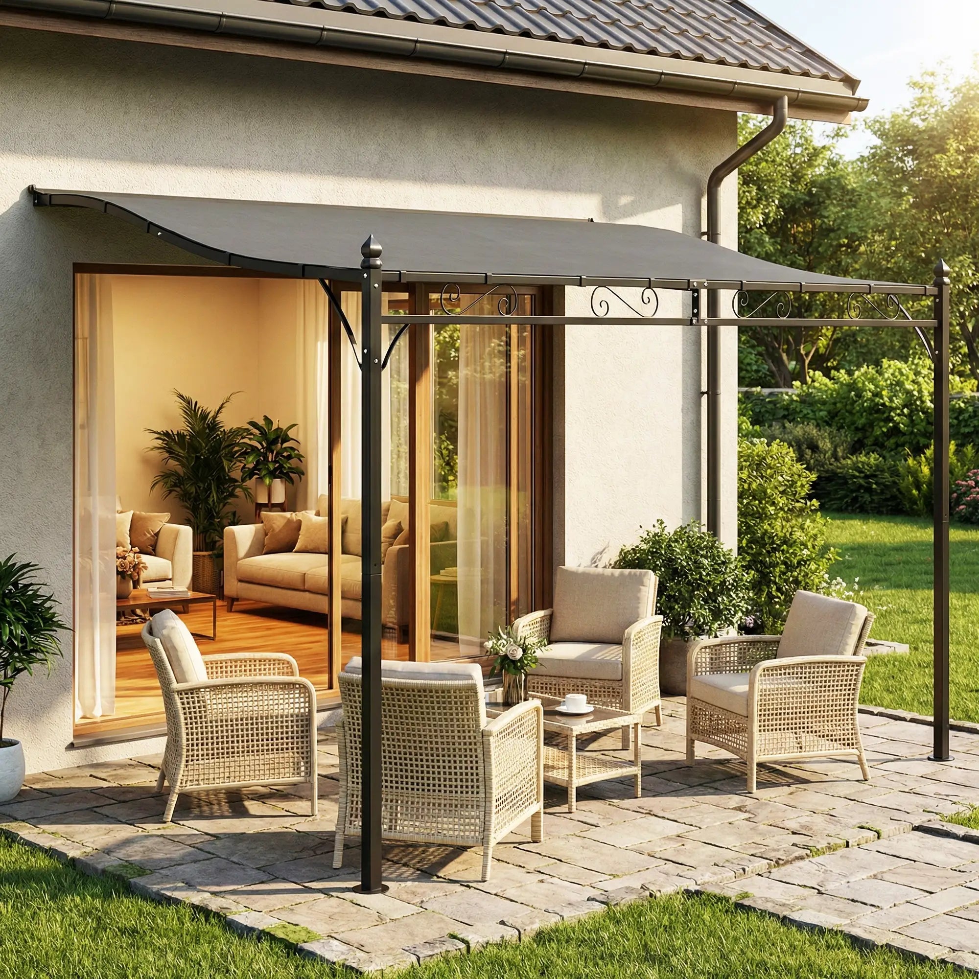 Outdoor Pergola, 11.5' x 8.2' Wall Mounted, Metal Frame, UPF30+, Garden Gazebo Pergolas at Gallery Canada