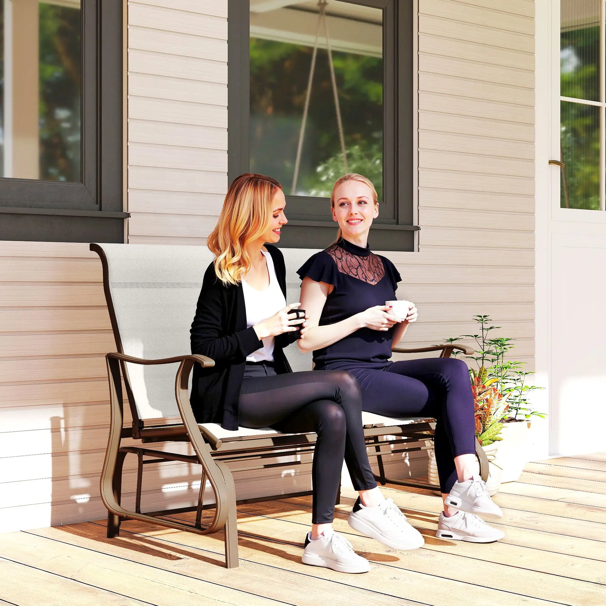 Double Gliding Chair, Patio Glider, Outdoor Mesh Seat, Steel Frame, Cream White Outdoor Gliders at Gallery Canada