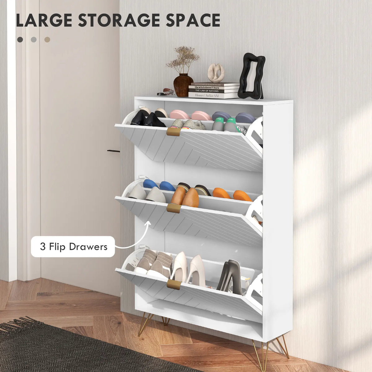 Modern Shoe Storage Cabinet, 3 Flip Drawers for 18 Pairs, Narrow, White
