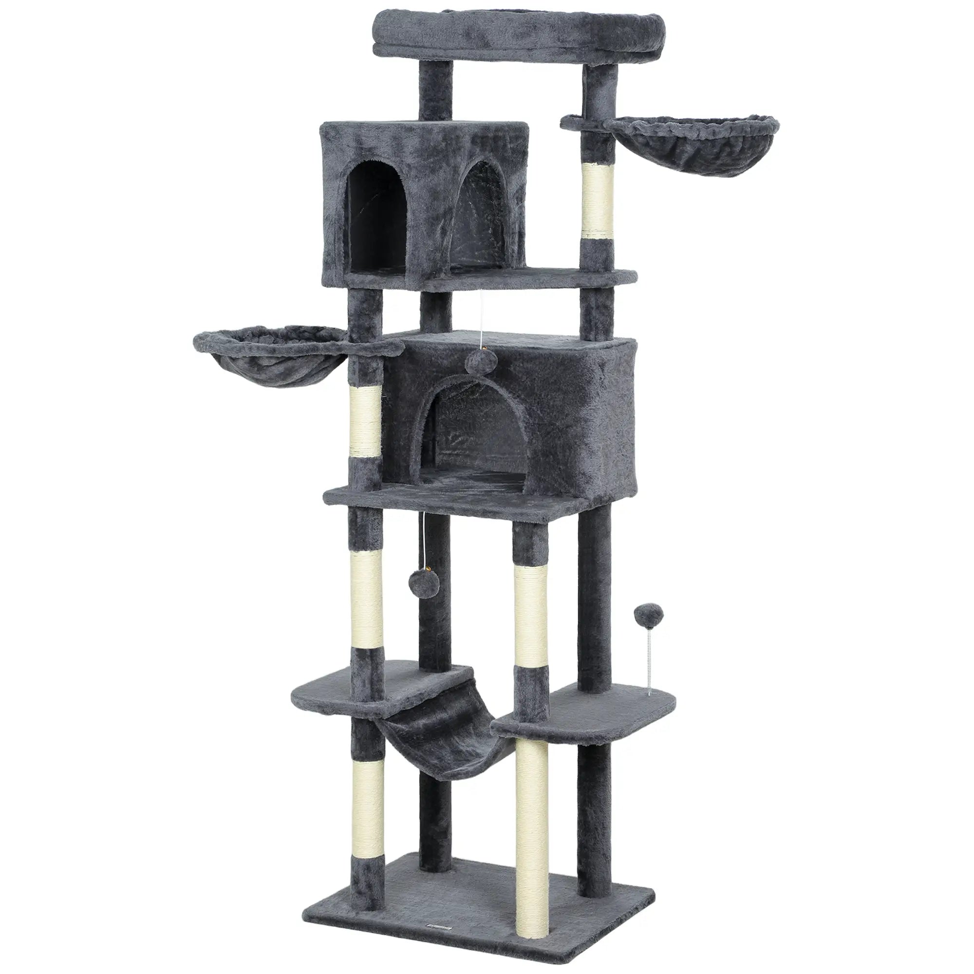 69 Inch Cat Tree, Multi-Level Tower, 2 Condos, Plush Perch, Sisal Posts, Dark Grey Cat Towers Dark Grey, White at Gallery Canada