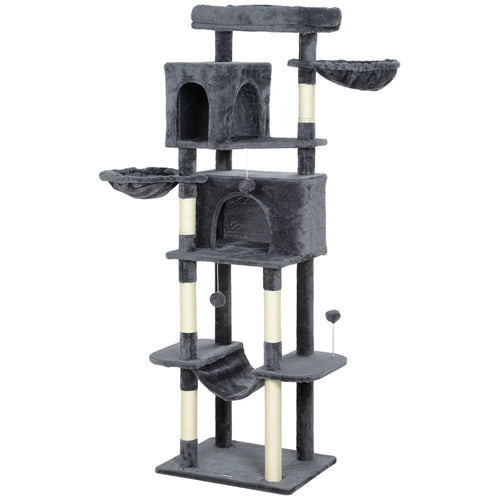 69 Inch Cat Tree, Multi-Level Tower, 2 Condos, Plush Perch, Sisal Posts, Dark Grey
