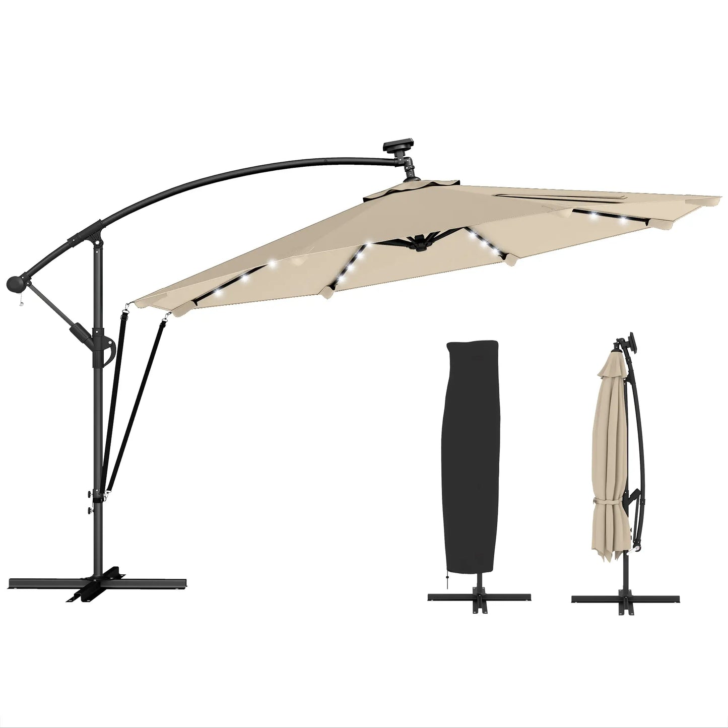 11.3 ft Cantilever Patio Umbrella With Light, Cover, Aluminium UPF50+, Khaki Offset Cantilever Umbrellas at Gallery Canada
