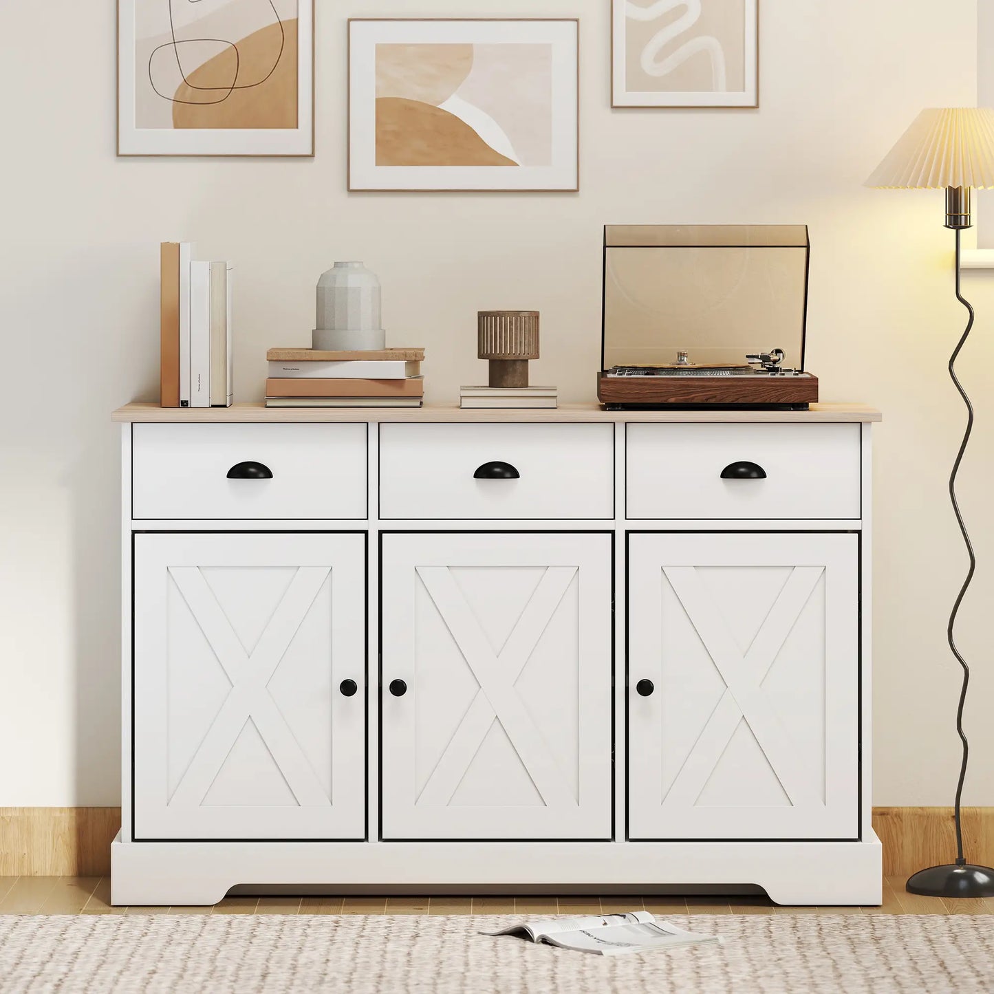 46.5" Buffet Cabinet, Farmhouse Sideboard, 3 Barn Doors, 3 Drawers, White Bar Cabinets at Gallery Canada
