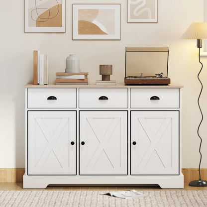 46.5" Buffet Cabinet, Farmhouse Sideboard, 3 Barn Doors, 3 Drawers, White Bar Cabinets at Gallery Canada