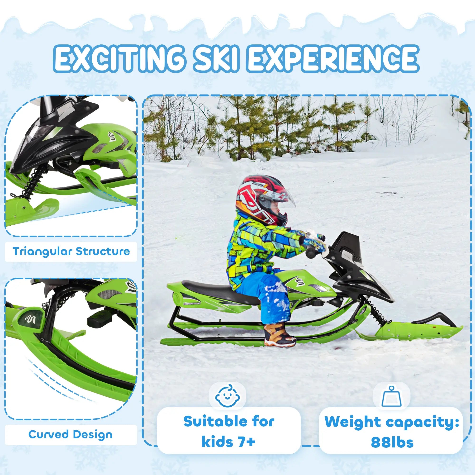 Kids Snow Sled with Padded Seat, Green Snow Scooters at Gallery Canada