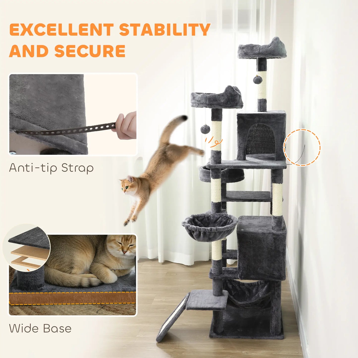 76" Large Cat Tree, 8 Scratching Posts, 3 Plush Beds, 2 Hammocks, Dark Grey Cat Towers at Gallery Canada