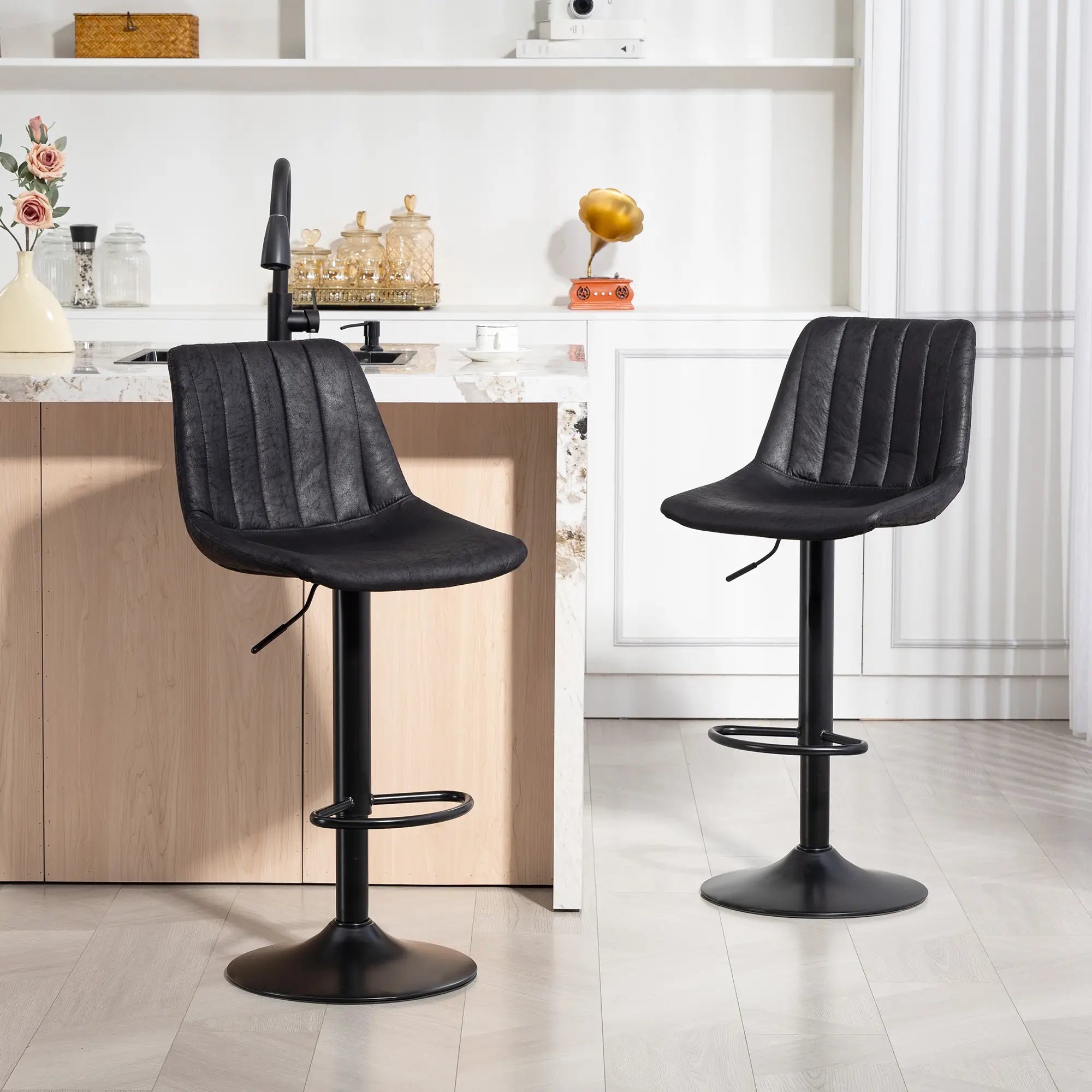 Adjustable Swivel Bar Stools, Set Of 2, Leathaire Upholstery, Black Bar Stools at Gallery Canada