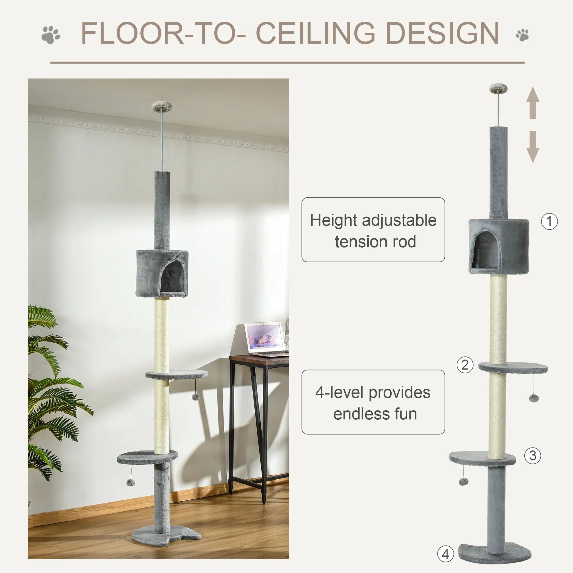 4-Tier Floor to Ceiling Cat Tree, Scratching Post, Plush, Toy Ball, Light Grey Floor to Ceiling Cat Trees at Gallery Canada