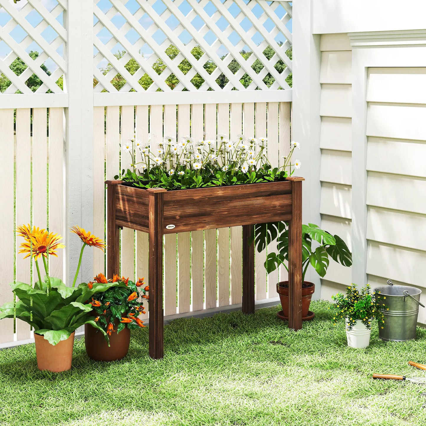 34" x 18" x 30" Wooden Raised Garden Bed Planter, Elevated With Legs, Carbonized