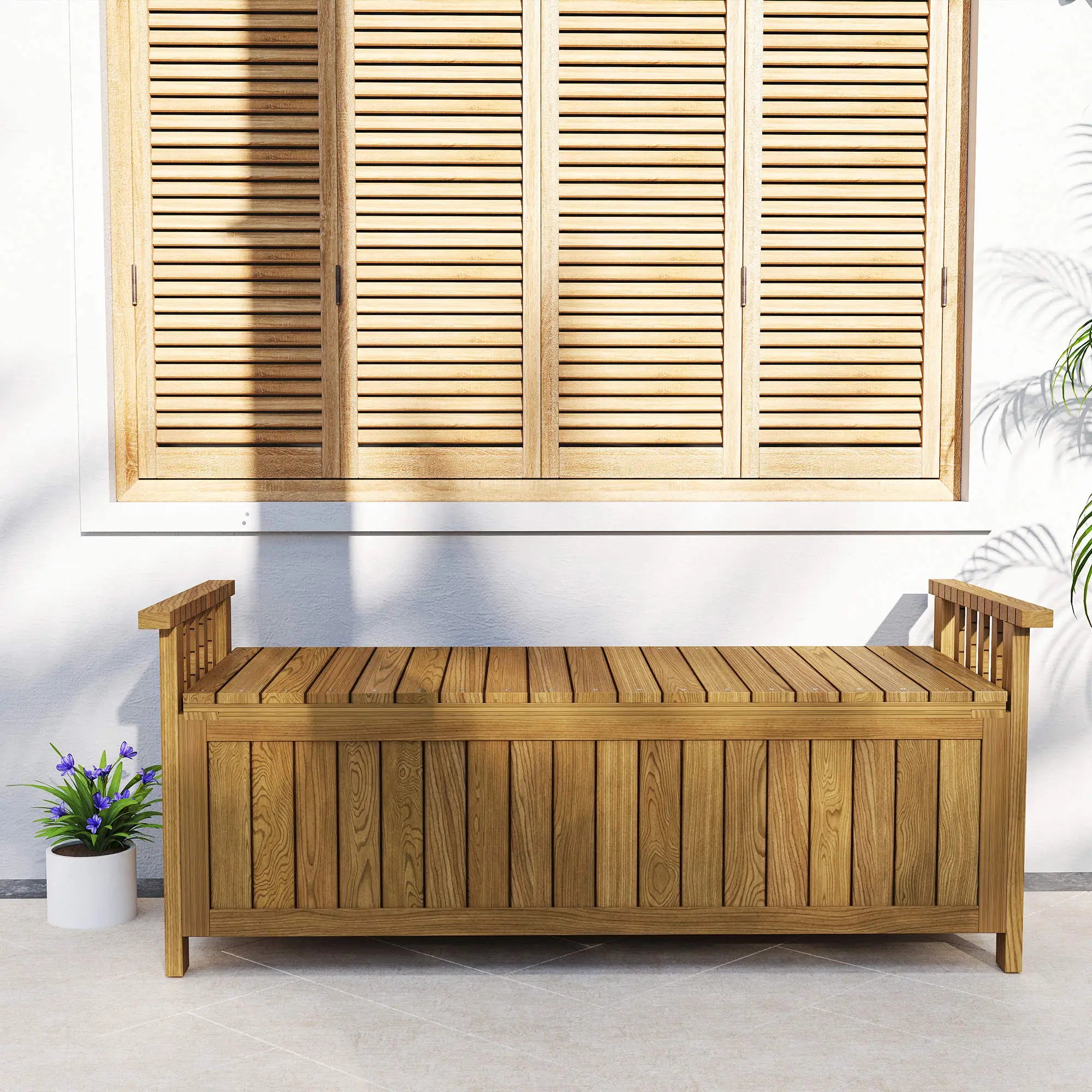 Wooden Storage Bench With Armrests, Outdoor Patio Garden, Brown Patio Chairs at Gallery Canada