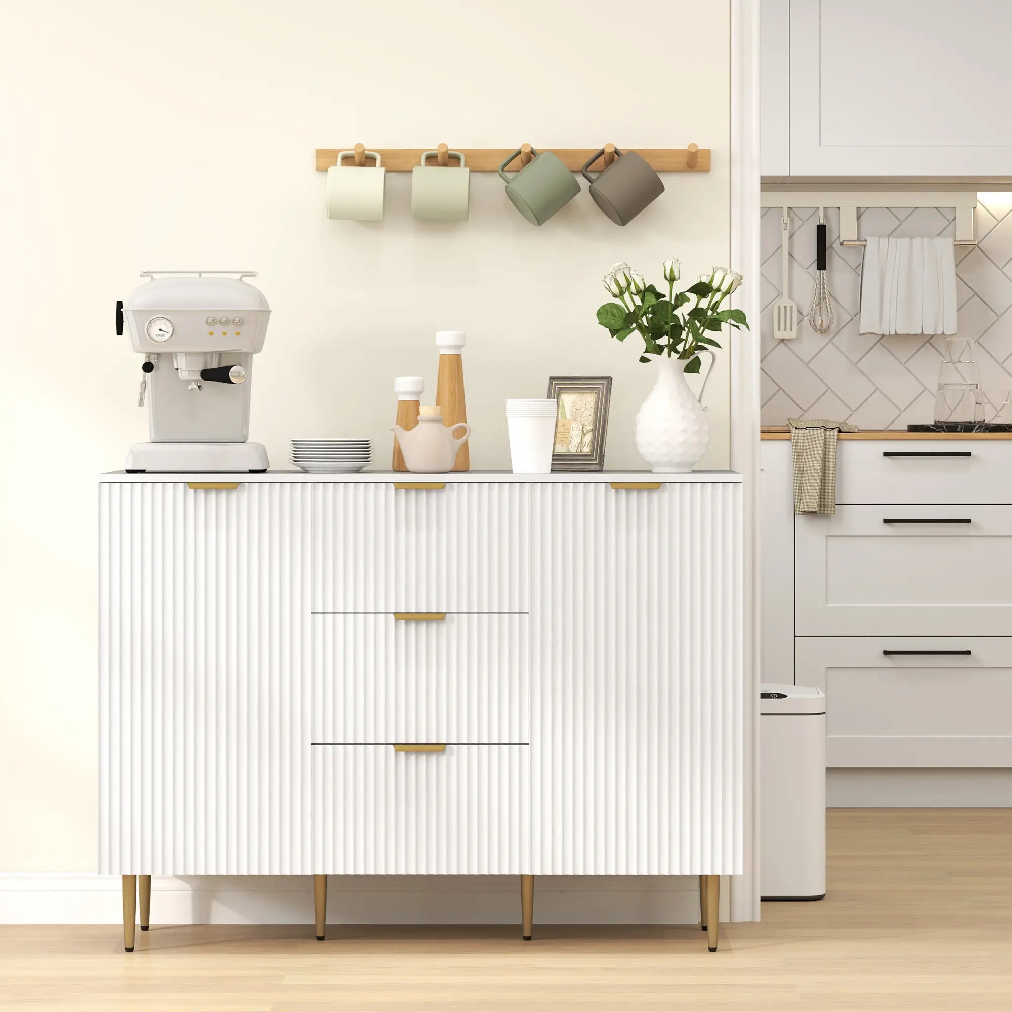 Modern Kitchen Storage Cabinet, 3 Drawers, Adjustable Shelves, White Bar Cabinets at Gallery Canada