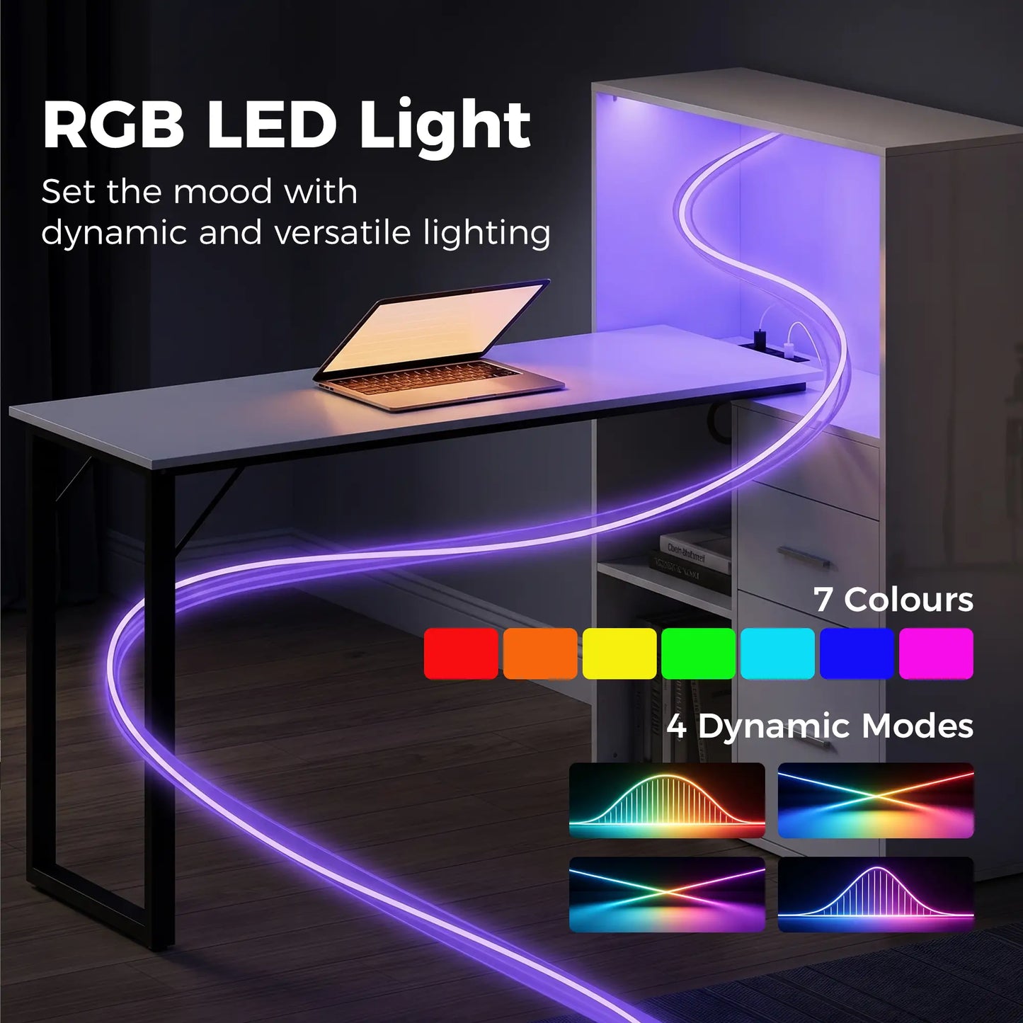 54" Computer Desk With Drawers, Power Outlets, LED Lights, White