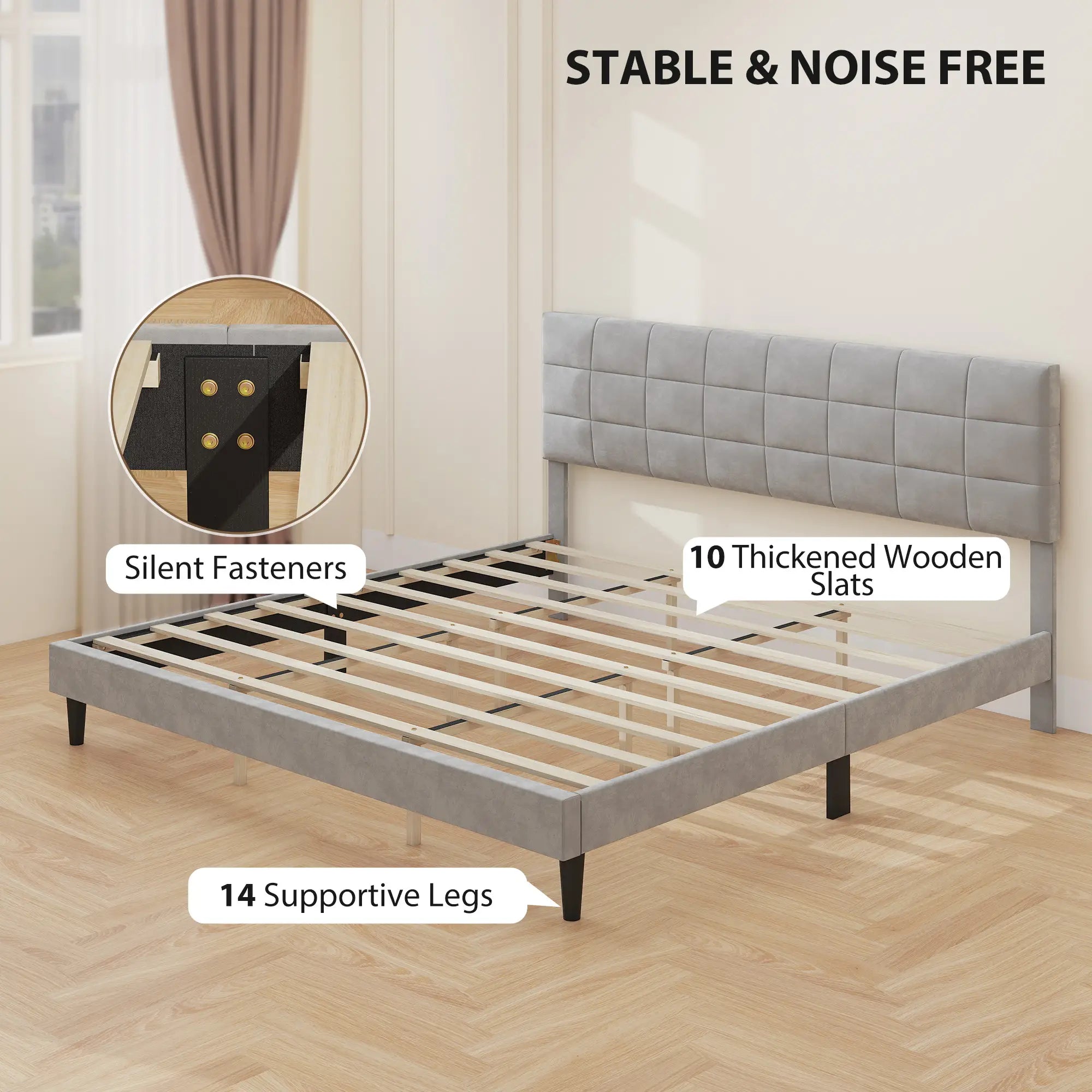 King Size Bed Frame, Upholstered Headboard, Wood Slats, 1100 lbs, Grey Bed Frames at Gallery Canada