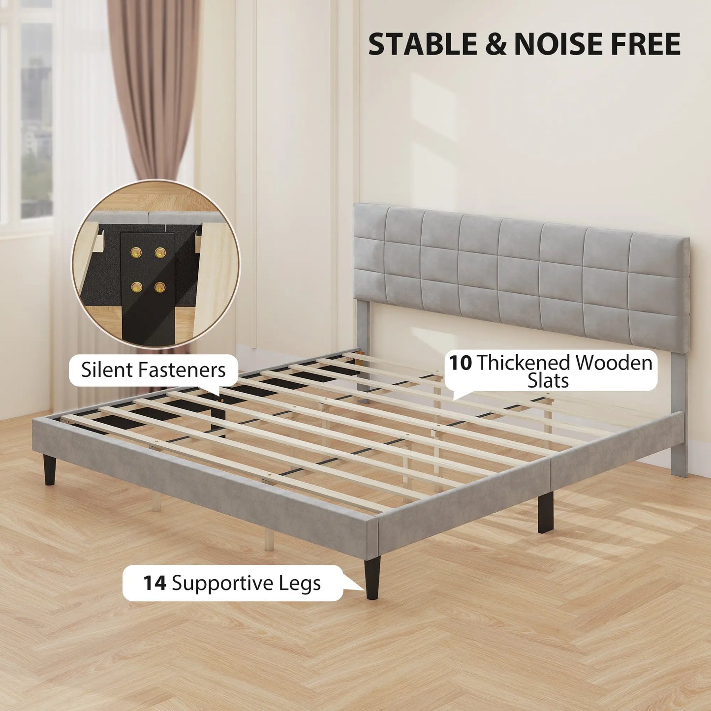 King Size Bed Frame, Upholstered Headboard, Wood Slats, 1100 lbs, Grey Bed Frames at Gallery Canada