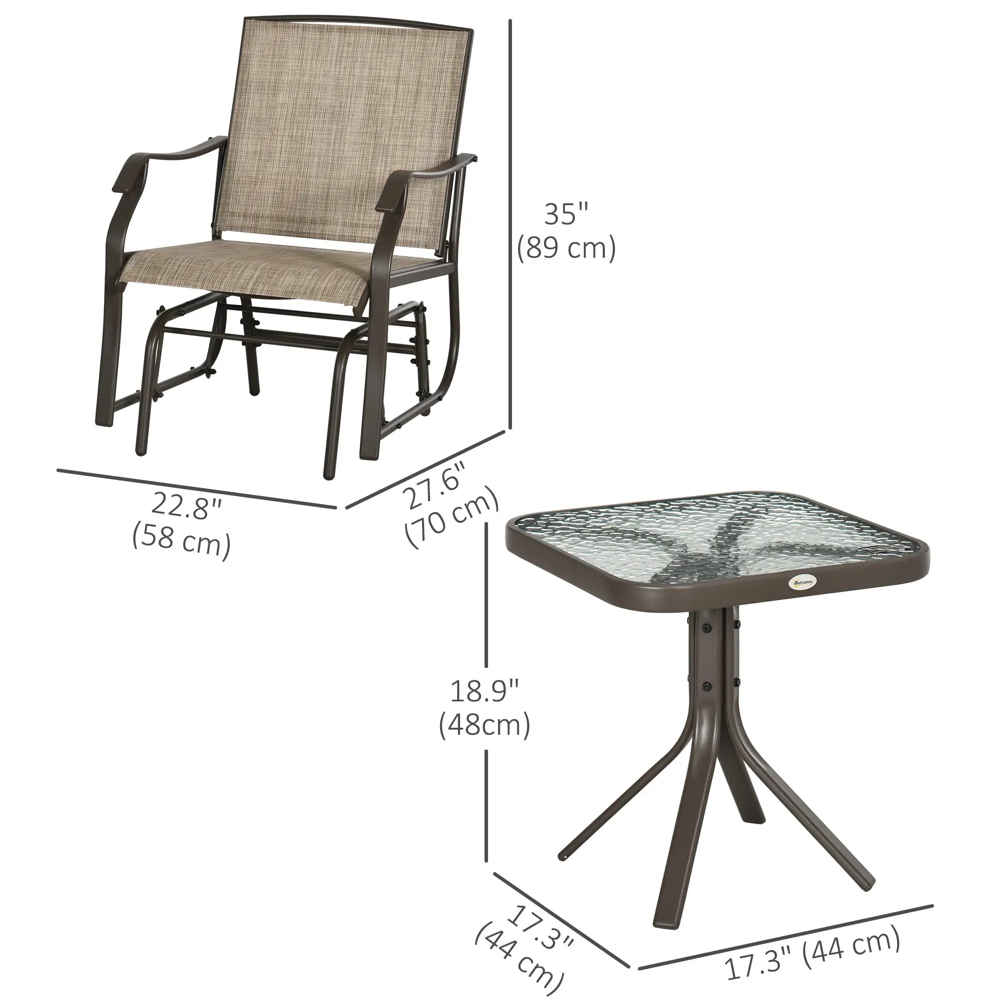 3 Piece Patio Glider Set, Outdoor Gliders, Mesh Seat, Glass Table, Mixed Brown, Brown Outdoor Gliders at Gallery Canada