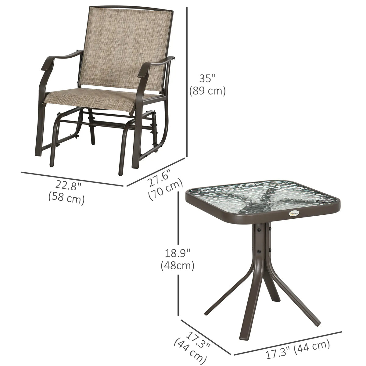 3 Piece Patio Glider Set, Outdoor Gliders, Mesh Seat, Glass Table, Mixed Brown, Brown Outdoor Gliders at Gallery Canada