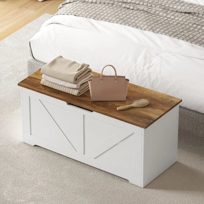 39.4 Inches Storage Chest, Brown White Wood Grain, Safety Hinges, Brown White