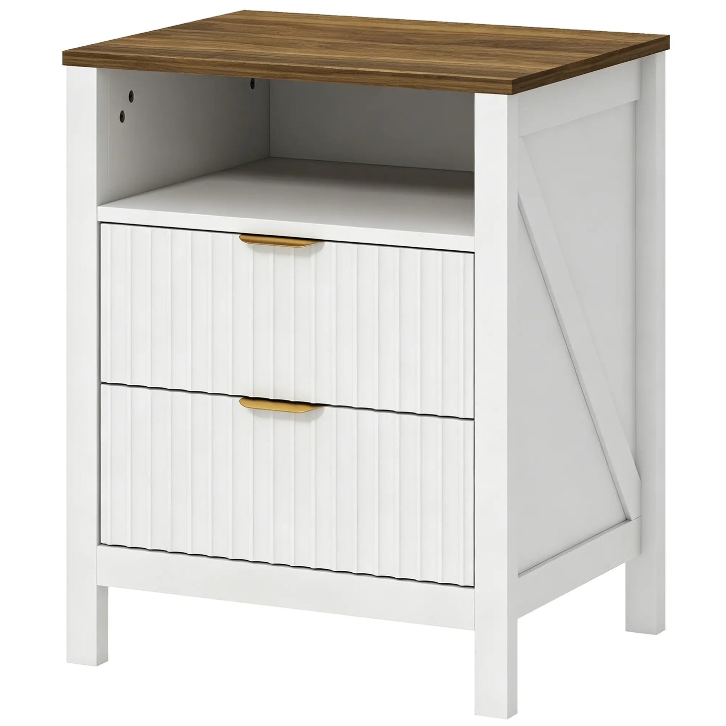 Nightstand With 2 Fluted Drawers, Open Shelf, Anti-Tipping, White Walnut, White Walnut