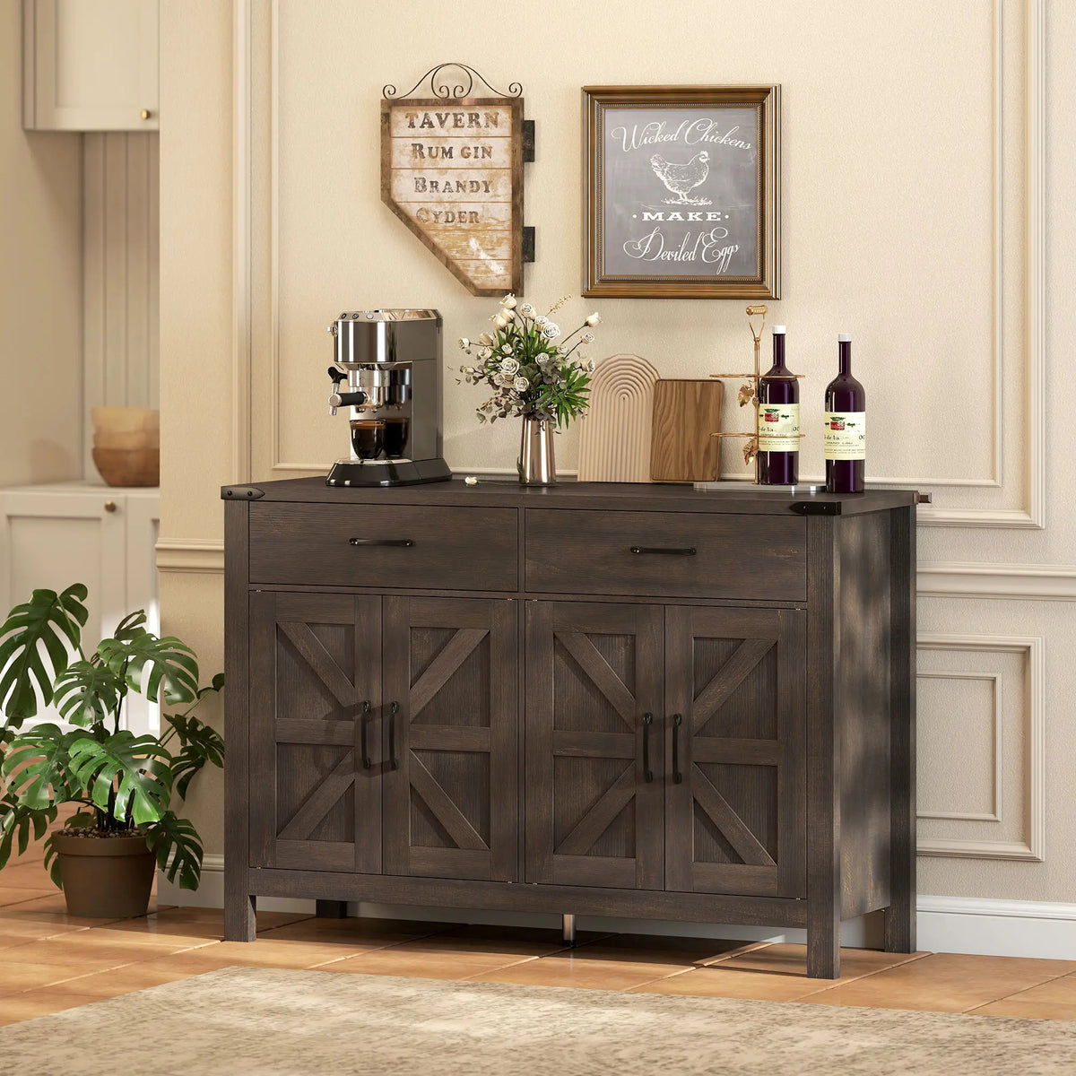 Sideboard Buffet Cabinet, Farmhouse Kitchen Storage, 2 Drawers and Shelves