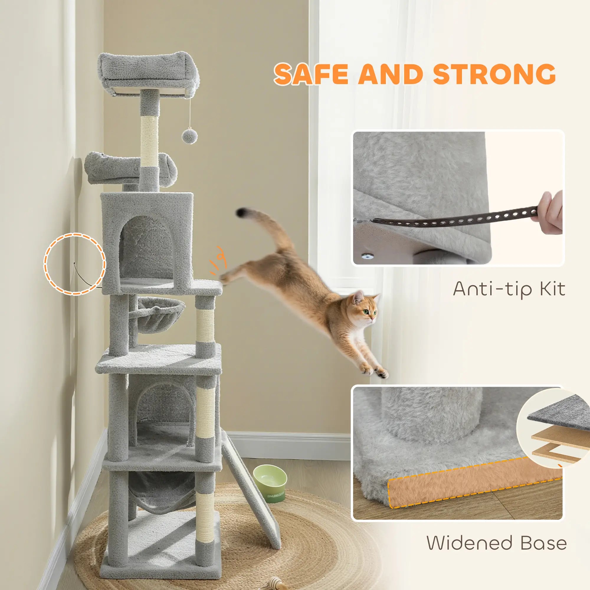 Cat Tree, 70 Inch Multi-Level Tower with Condos, Beds, Hammock, Light Grey Cat Towers at Gallery Canada