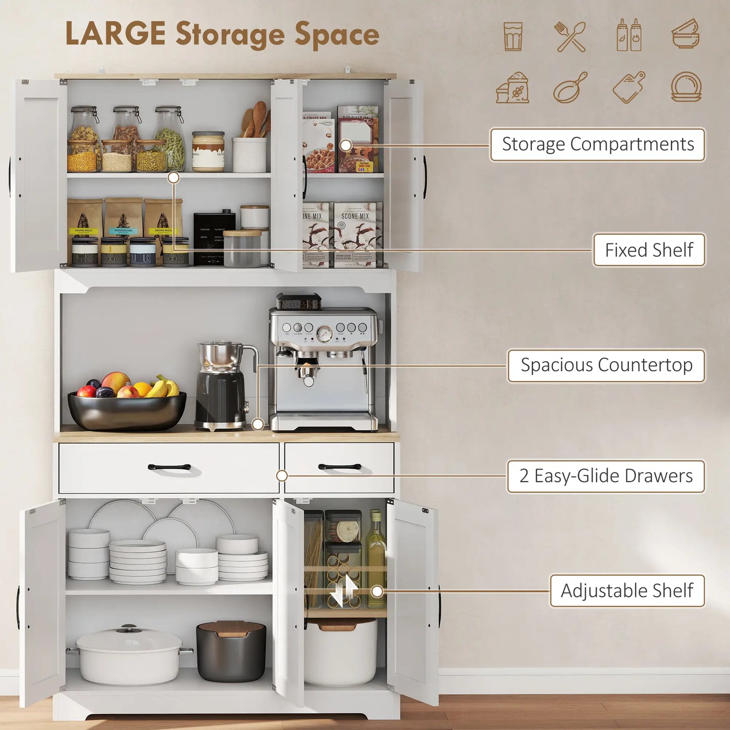 Tall Kitchen Pantry, 6 Doors, 2 Drawers, Adjustable Shelves, White Kitchen Pantry Cabinets at Gallery Canada