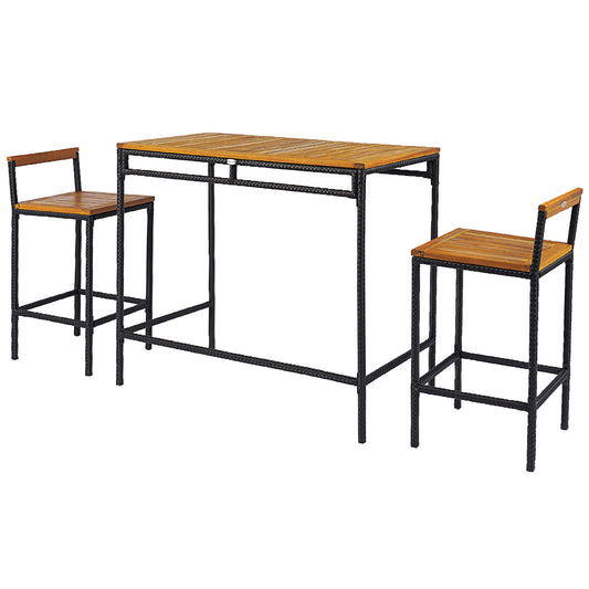 3-Piece Wicker Bar Set, Patio Bar Table Chair w/ Acacia Wood Top, 43.3" x 23.6" x 39.4", Dark Brown - Gallery Canada