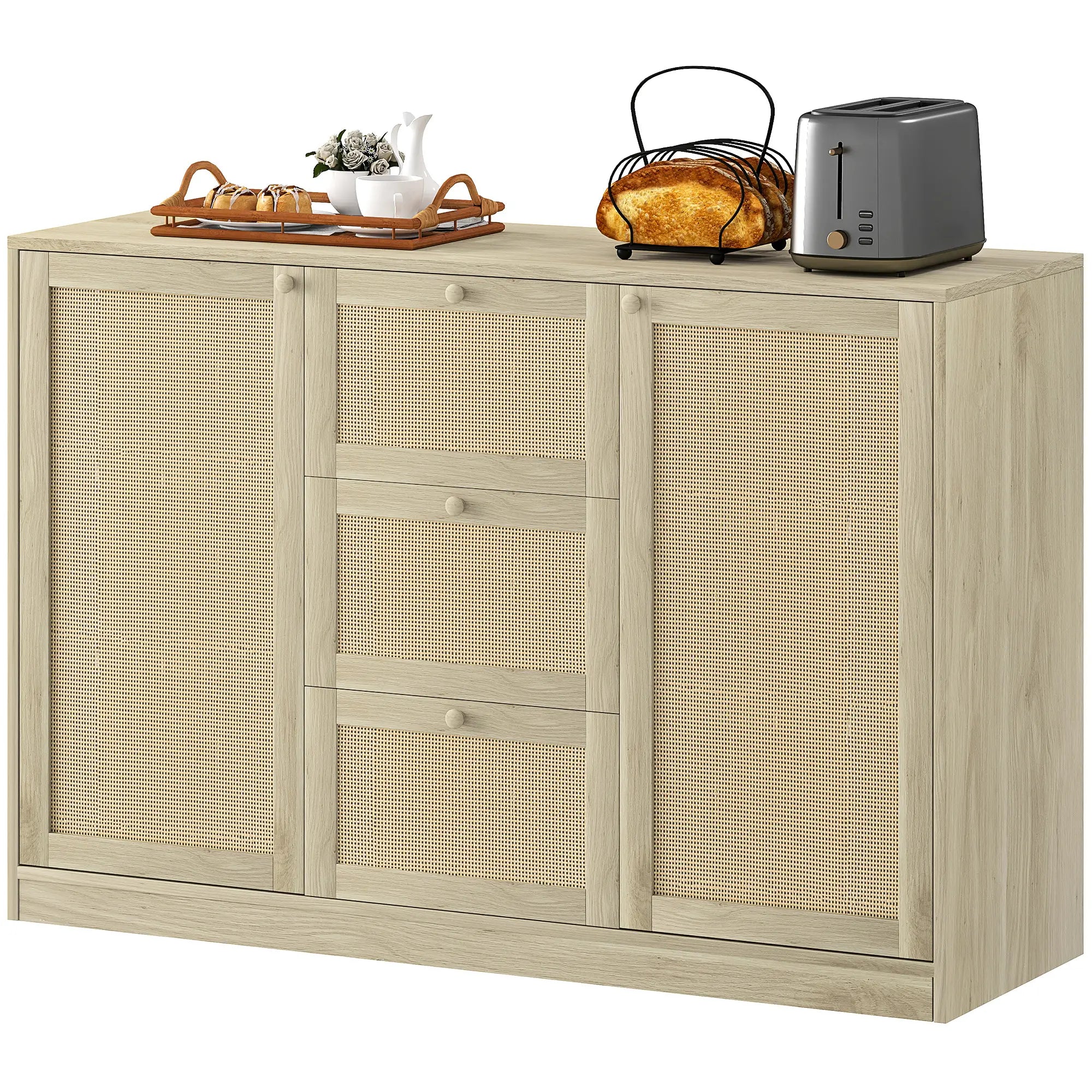 Boho Sideboard Buffet Cabinet, Kitchen Coffee Bar, 3 Drawers, 2 Shelves, 4 Racks, Natural Storage Cabinets Natural at Gallery Canada