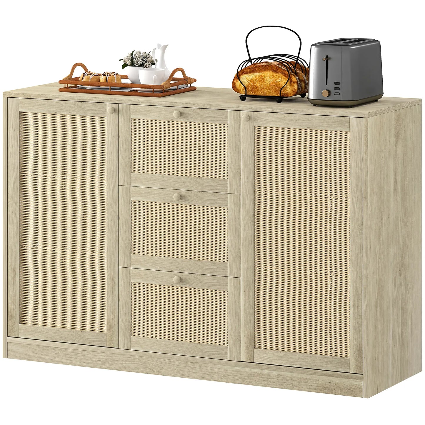 Boho Sideboard Buffet Cabinet, Kitchen Coffee Bar, 3 Drawers, 2 Shelves, 4 Racks, Natural Storage Cabinets Natural at Gallery Canada