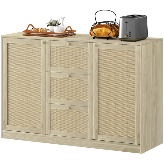 Boho Sideboard Buffet Cabinet, Kitchen Coffee Bar, 3 Drawers, 2 Shelves, 4 Racks, Natural