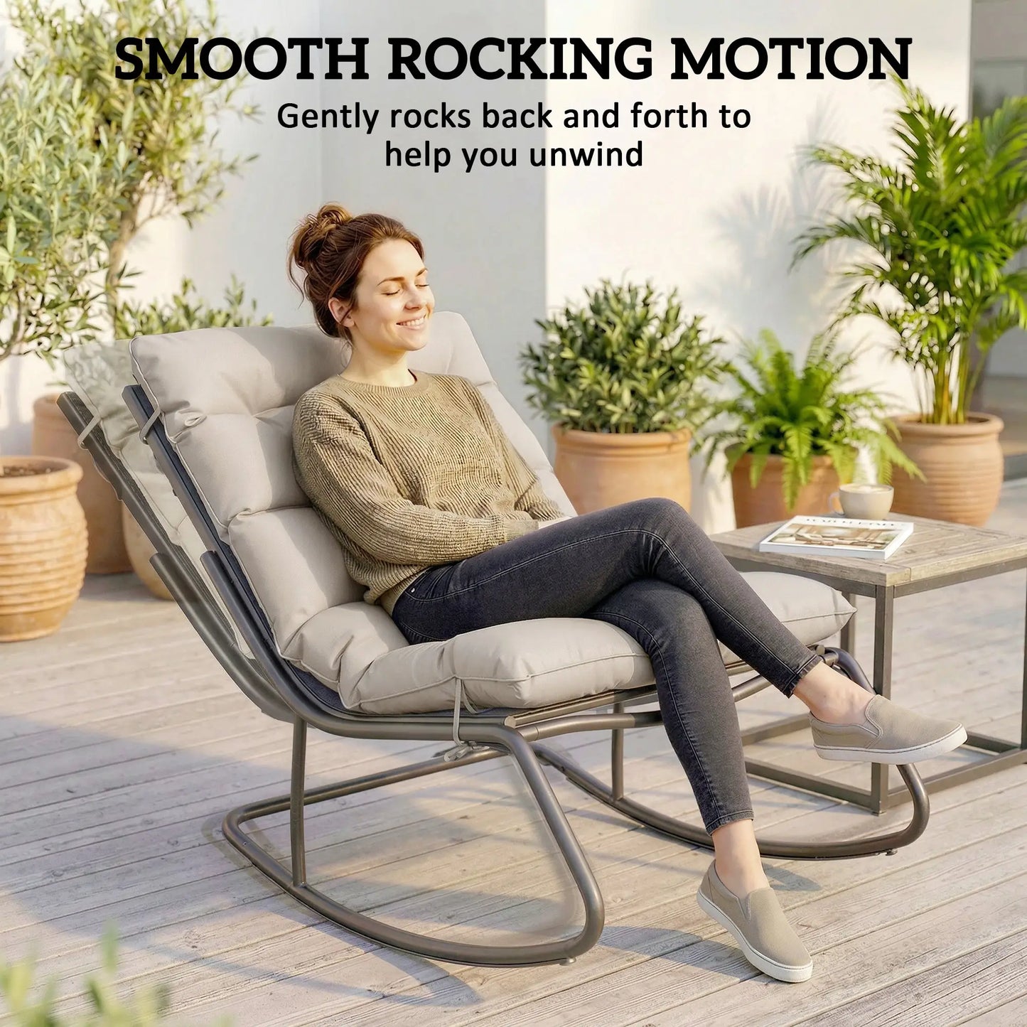 Oversized Rocking Patio Chair With 25" Wide Seat And Cushion, Khaki Outdoor Rocking Chairs at Gallery Canada