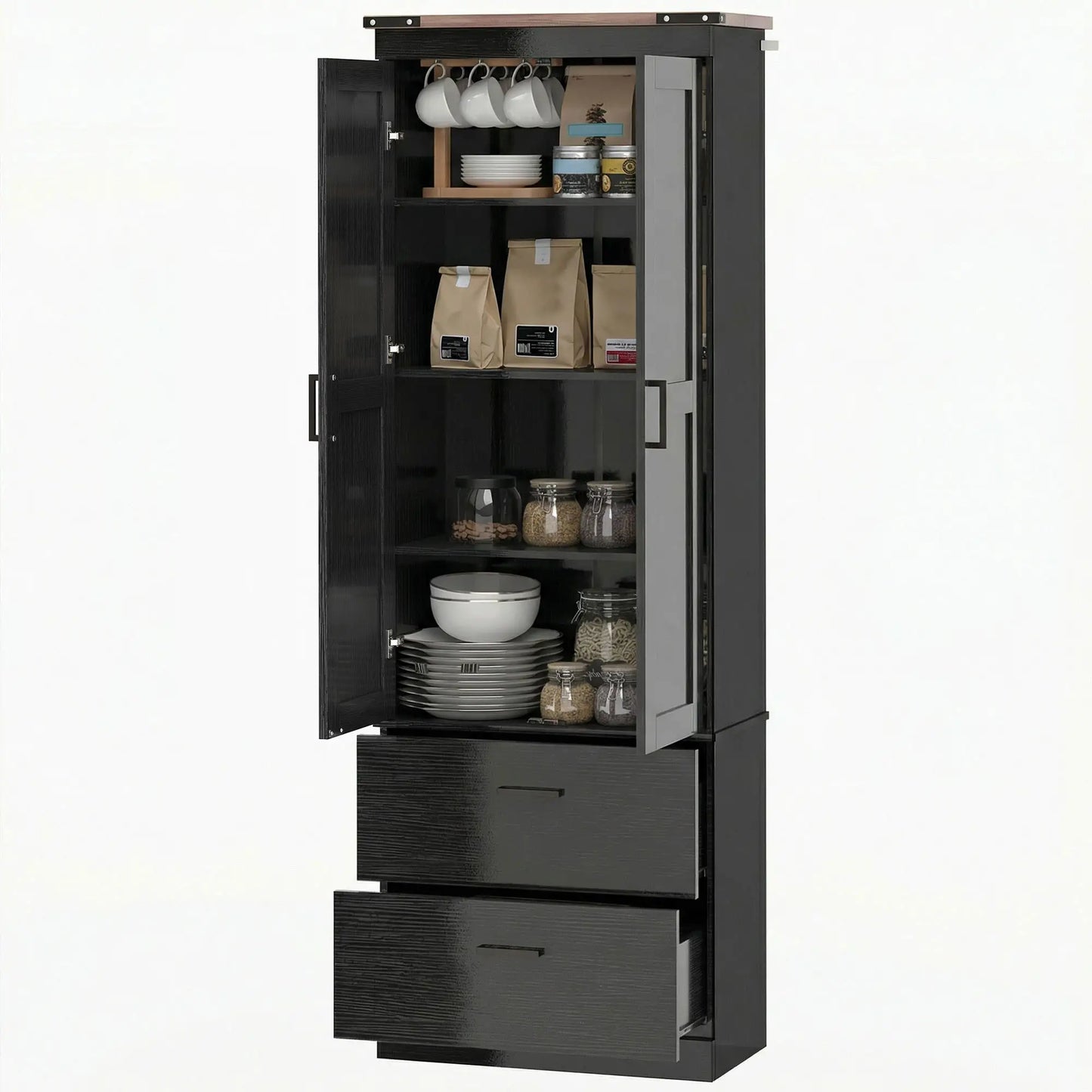 67" Tall Kitchen Pantry Cabinet With Doors, Drawers, Adjustable Shelves, Black Kitchen Pantry Cabinets Black at Gallery Canada