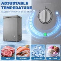 Congélateur coffre 3,5 pi³, thermostat à 7 réglages, panier en fil, gris