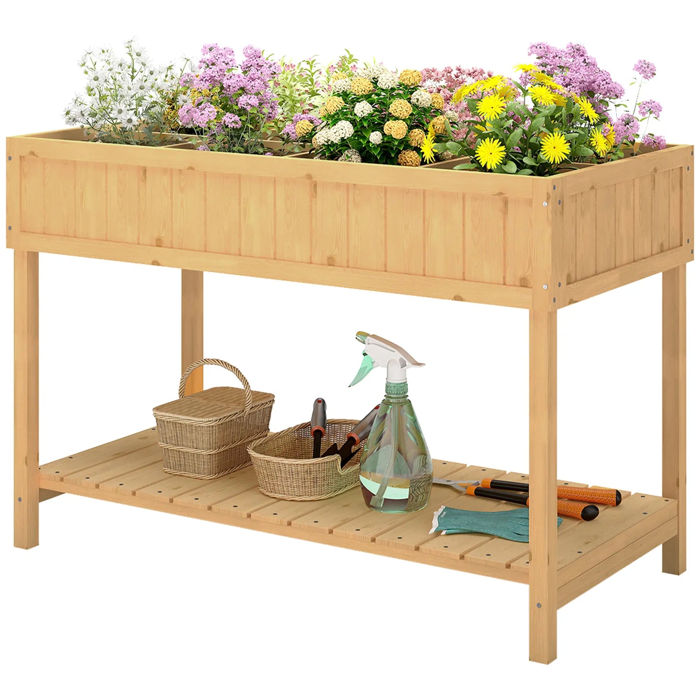 43.25" x 18" x 30" Raised Garden Bed, Wooden Plant Stand, 8 Grid Box, Natural Wood Elevated Garden Beds at Gallery Canada