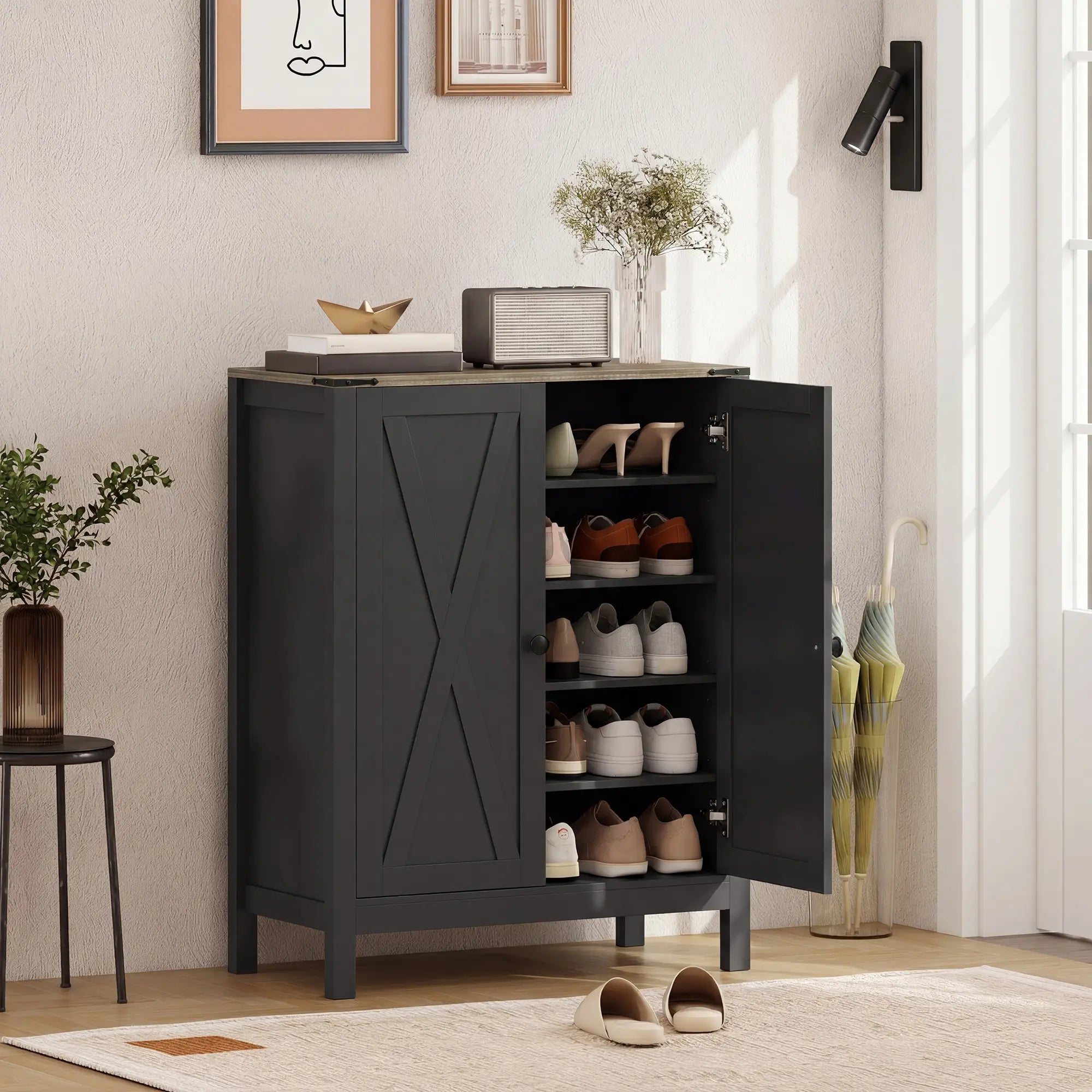 Shoe Cabinet With Barn Doors, Adjustable Shelves, 15 Pairs, Black Shoe Storage Cabinets & Racks at Gallery Canada