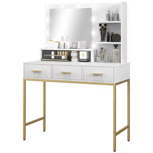 LED Vanity Table with Mirror, 3 Drawers, Storage Shelves, White Dressing & Vanity Tables White at Gallery Canada