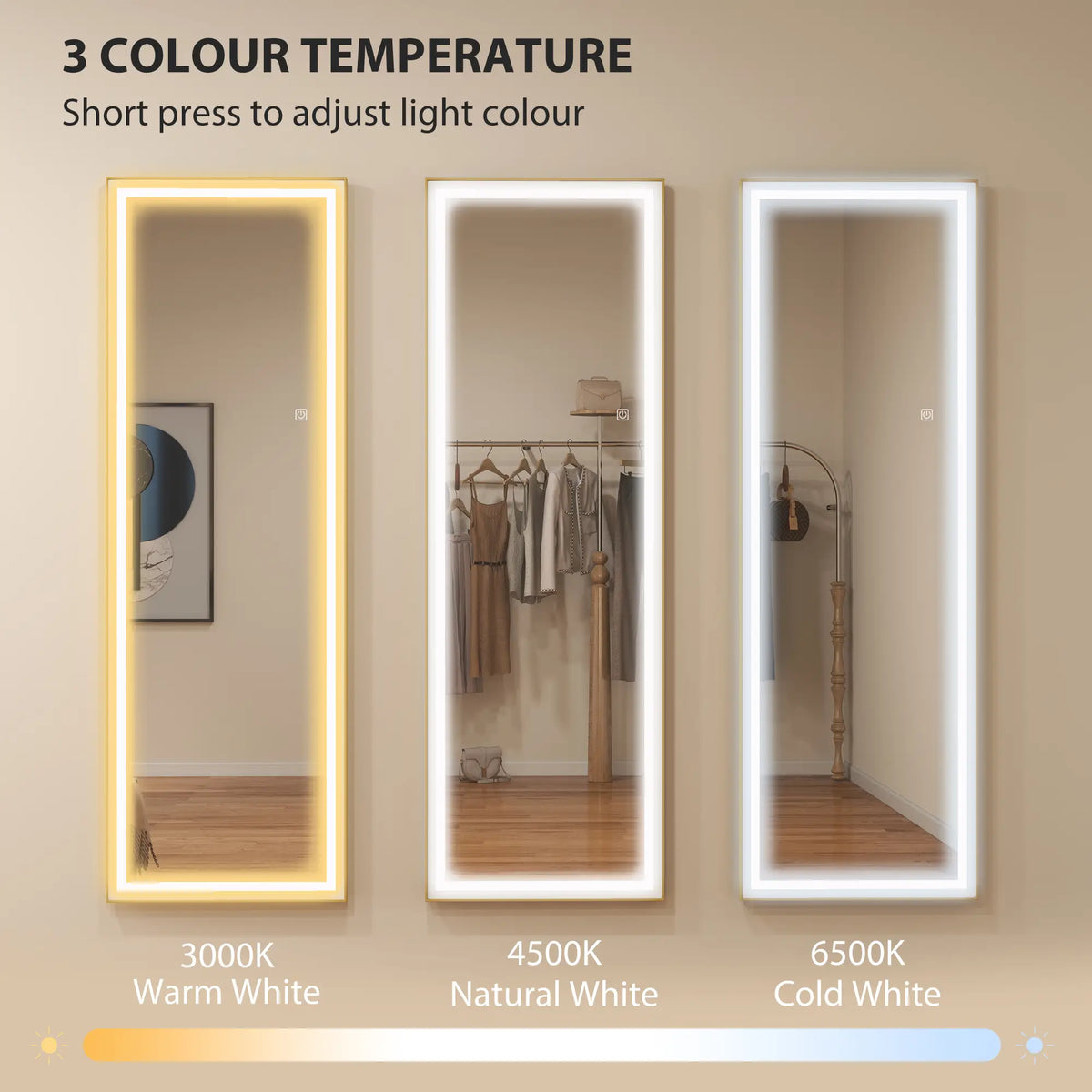 LED Mirror with Dimmable 3 Color Lights, 64" x 21", Gold Full Length Mirrors at Gallery Canada