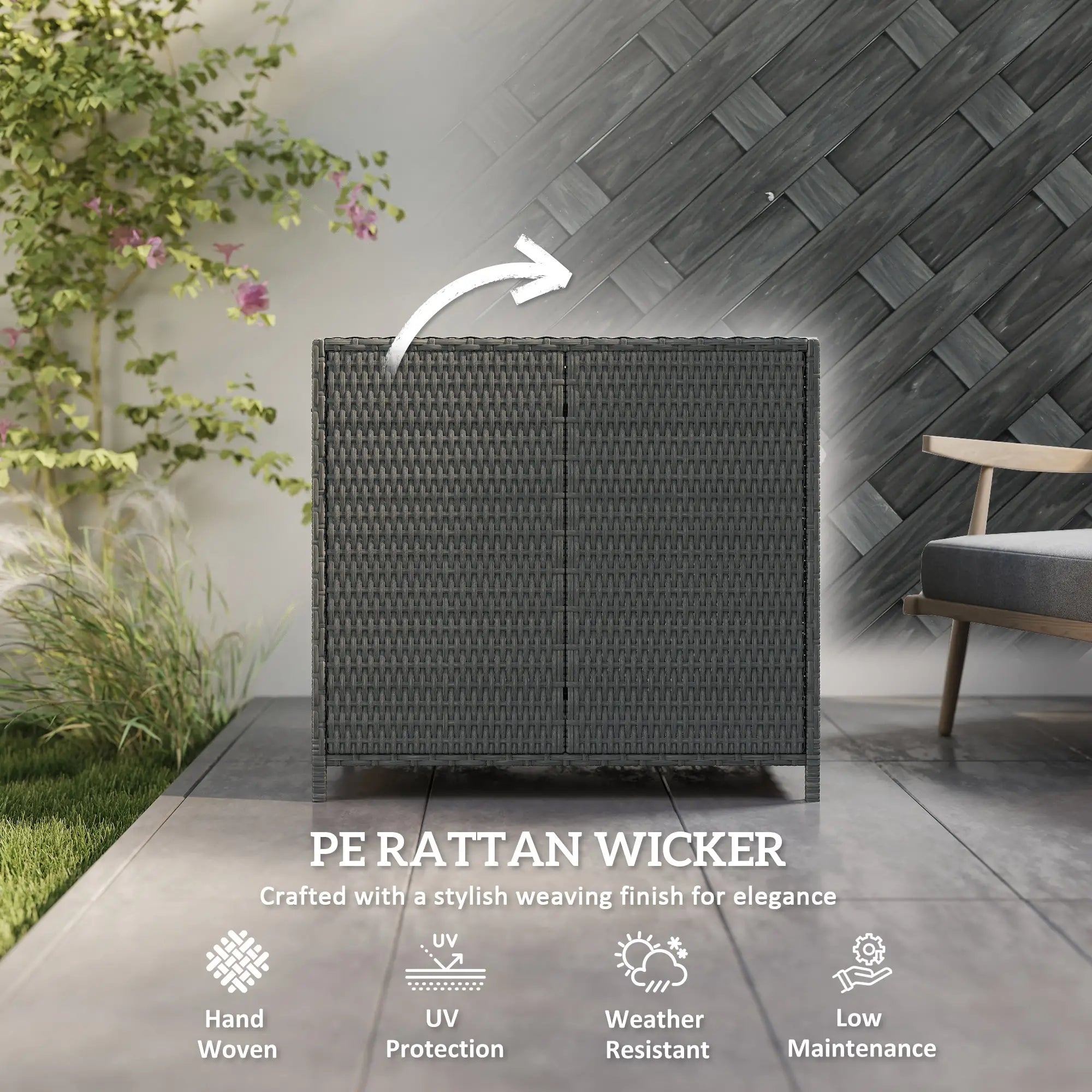 Outdoor Storage Cabinet, Double Magnetic Doors, PE Rattan Towel Rack, Dark Grey Patio Storage Boxes at Gallery Canada
