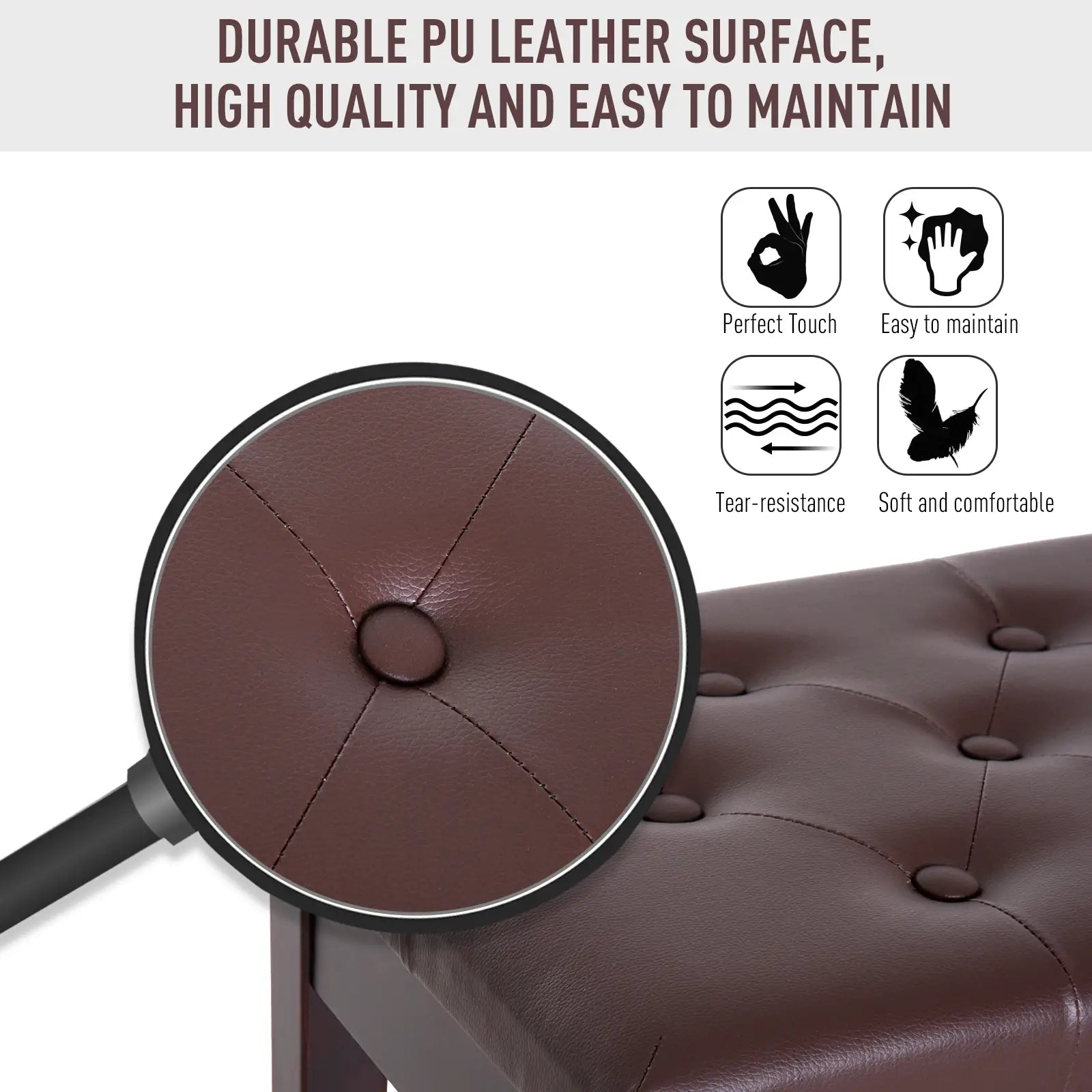 Faux Leather Padded Piano Bench, Double, Music Storage, Brown Piano Benches at Gallery Canada