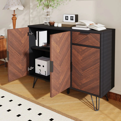 Storage Cabinet with Drawer, Adjustable Shelves, 35.5" L x 11.5" W x 28.5" H, Black+Wood Storage Cabinets at Gallery Canada