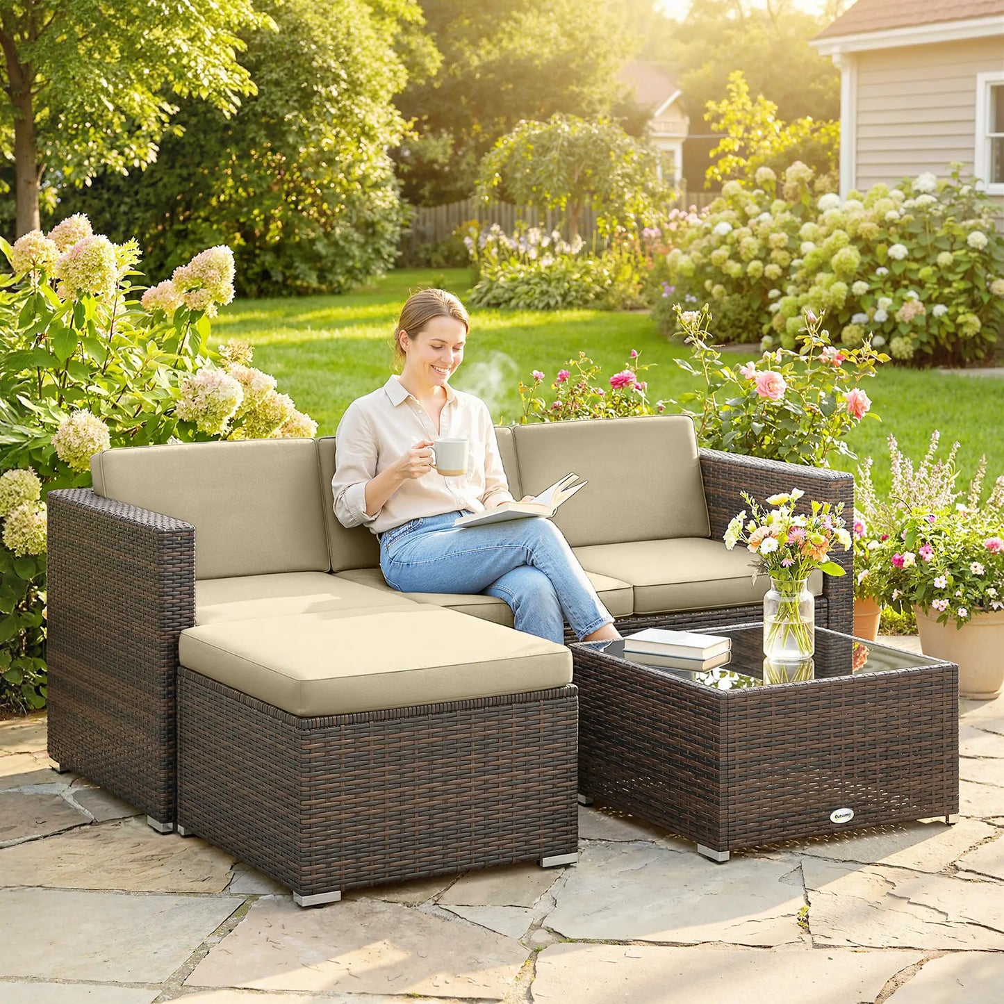 3-Piece Patio Furniture Set, Outdoor PE Rattan Sofa, Khaki Patio Furniture Sets at Gallery Canada