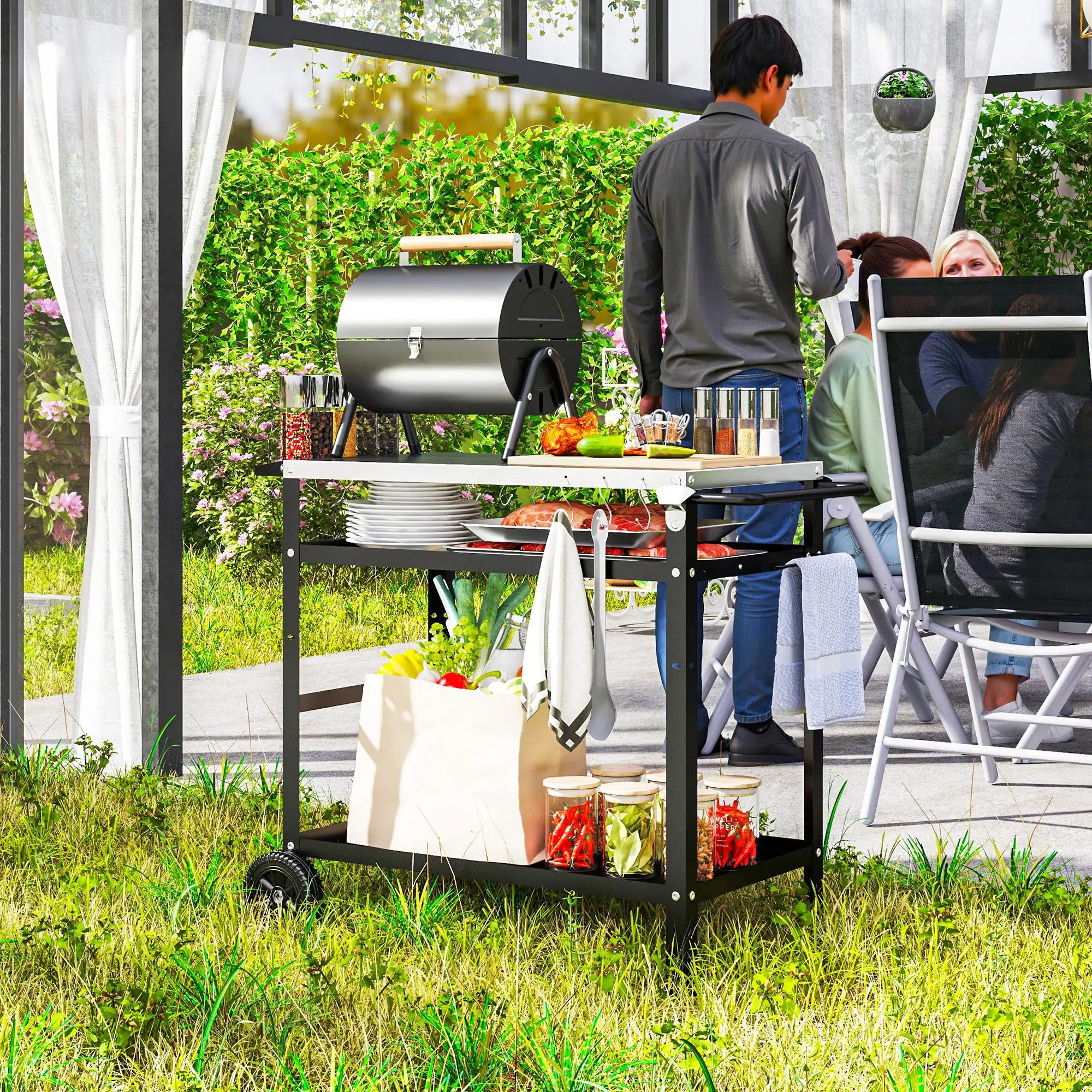 BBQ Stand With Stainless Steel Top, Adjustable Shelf, Hooks, Seasoning Tray Outdoor Grill Carts at Gallery Canada