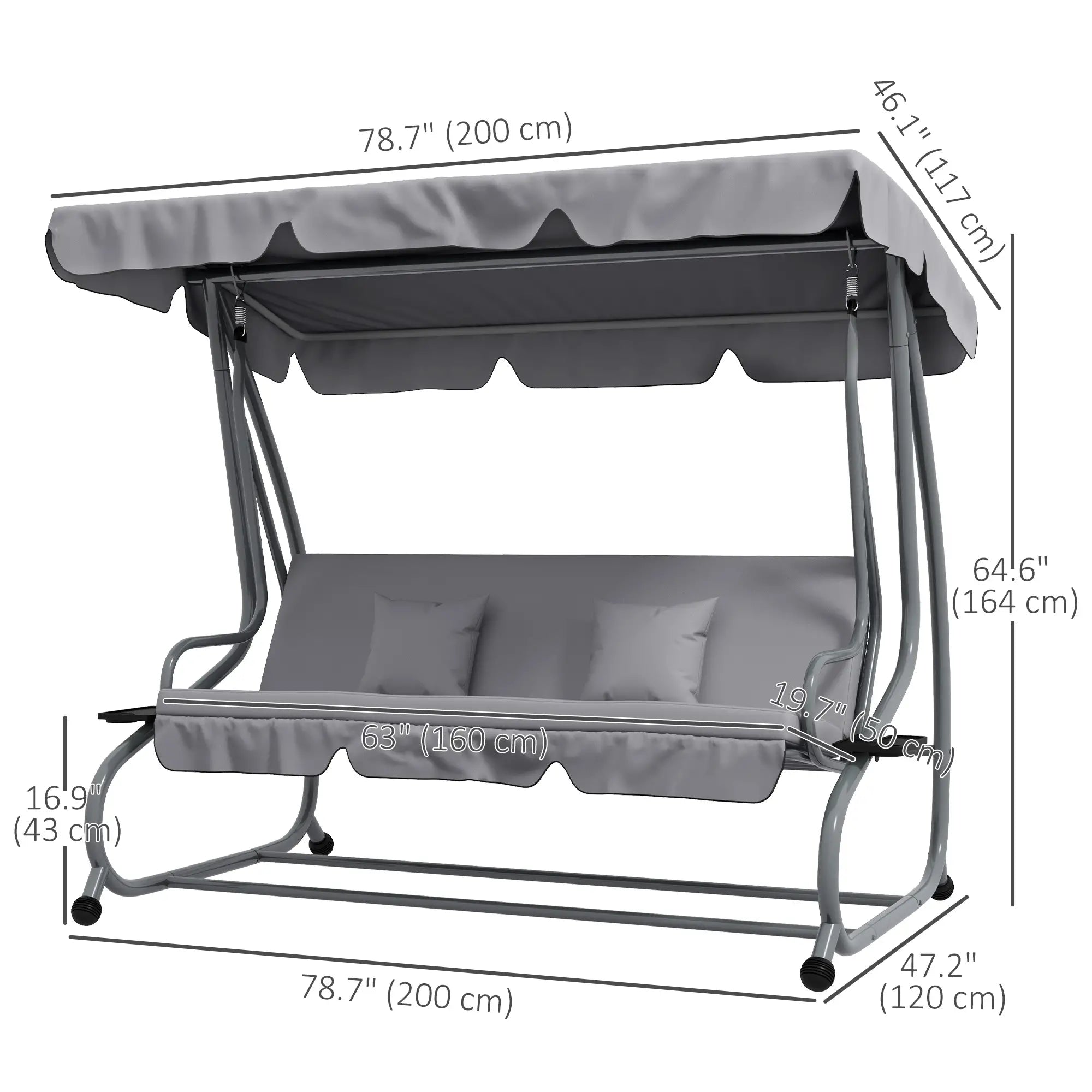3-Seater Patio Swing Chair, Adjustable Canopy, 2 Pillows, Light Grey Porch Swings with Canopy at Gallery Canada