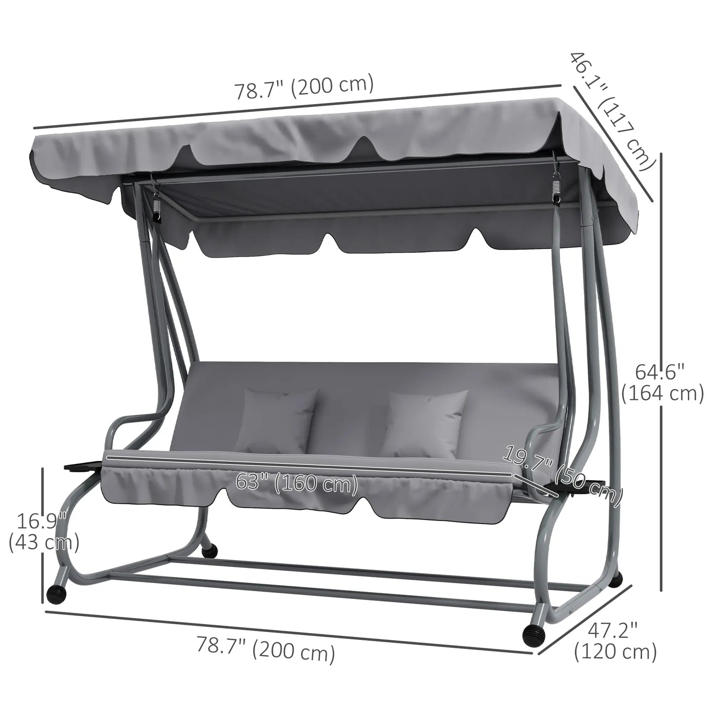 3-Seater Patio Swing Chair, Adjustable Canopy, 2 Pillows, Light Grey Porch Swings with Canopy at Gallery Canada