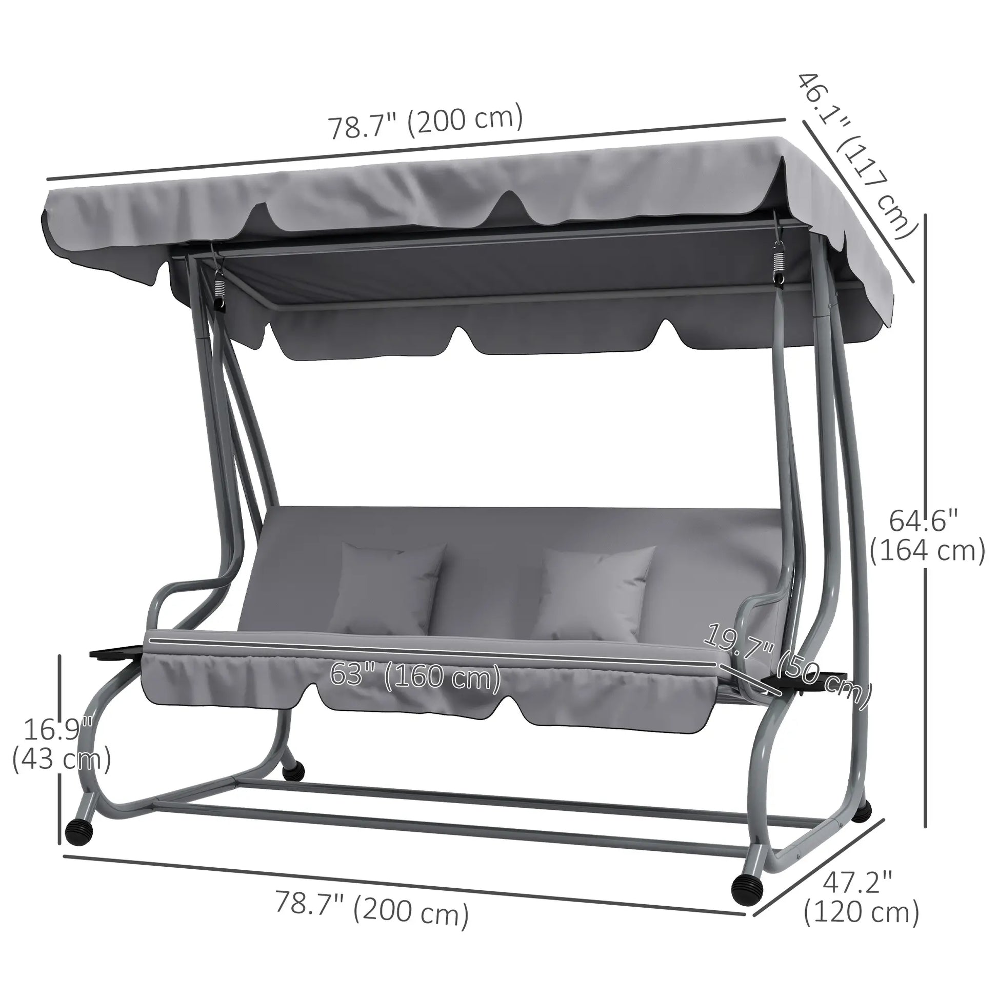 3-Seater Patio Swing Chair, Adjustable Canopy, 2 Pillows, Light Grey Porch Swings with Canopy at Gallery Canada