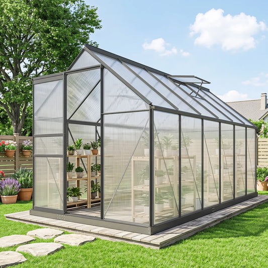 6' x 12' x 6.5' Polycarbonate Greenhouse, Walk-in, Adjustable Roof Vent, Sliding Door, Charcoal Grey Walk In Greenhouses Clear, Charcoal Grey at Gallery Canada