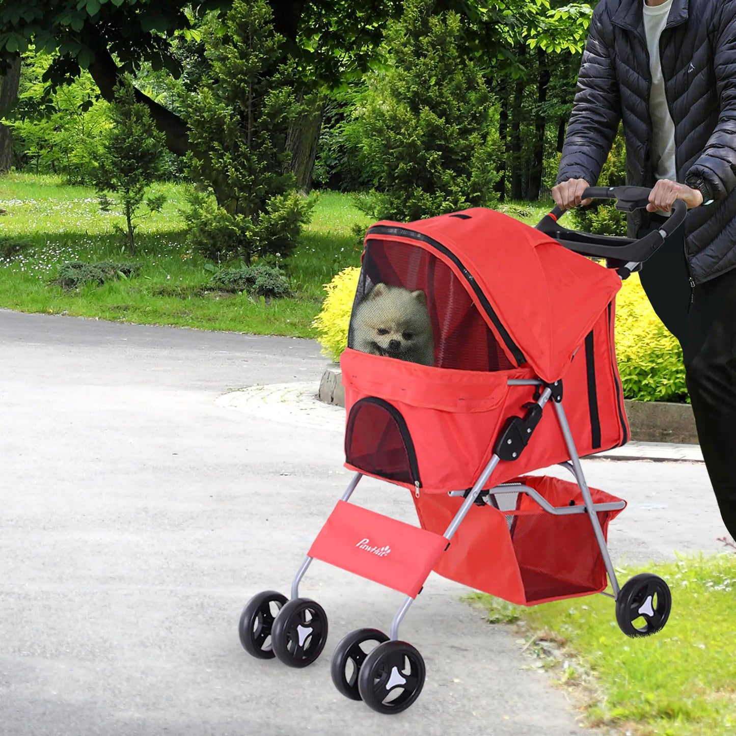 Foldable Pet Stroller, 4 Wheels, Cup Holder, Storage Basket, Red Dog Bike Trailers & Strollers at Gallery Canada